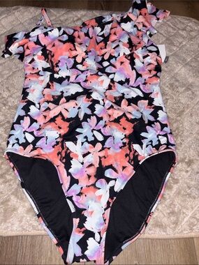 Time and Tru Black Floral One‑Piece Swimsuit with Coral, Lavender & White